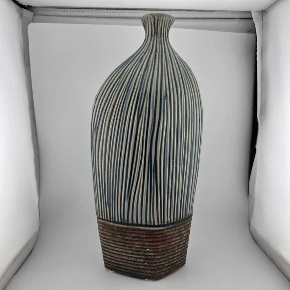 Pier 1 Decorative Vase Ribbed Ceramic Asymmetrical Blue Brown Excellent  Decor